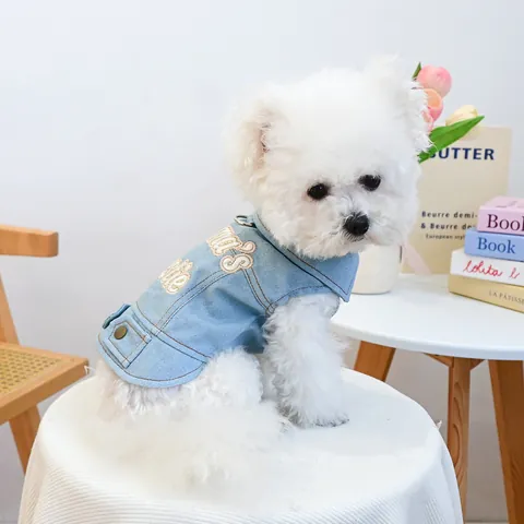 Cute Pet Denim Vest Dog Jeans Jacket With Letter Embroidery And Leash D-Ring Casual Puppy Clothing For Small Dogs Cats