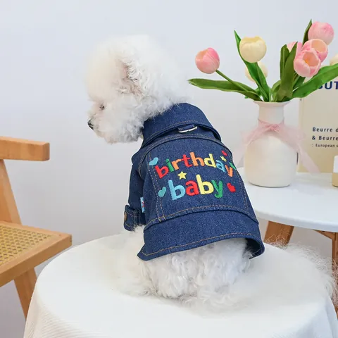 Pet Dog Denim Jacket Birthday Baby Letter Heart Star Embroidery Small Dog Vest With Leash D-Ring Dark Blue Clothes