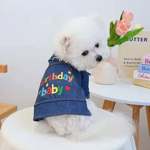 Pet Dog Denim Jacket Birthday Baby Letter Heart Star Embroidery Small Dog Vest With Leash D-Ring Dark Blue Clothes