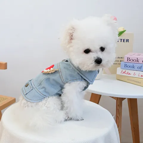 Cute Pet Dog Denim Vest With Angel Wings Red Heart Faux Pearl Decor Small Dog Cat Clothes Light Blue Polyester Waistcoat