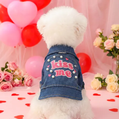 Haustier Hund Denim Weste Jacke Mit D-Ring Leine Loch Für Kleine Mittlere Hunde Stickerei Blumen Herz Muster Katze Welpen Kleidung