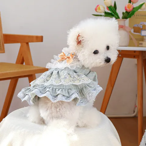 Pet Dog Princess Dress Gingham Plaid Lace Trim Puppy Cat Wedding Party Clothes With Bow Sweet Ruffle Collar Pet Apparel