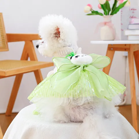 Cute Panda Pet Dress Tulle Princess Mesh Skirt With Chinese Bowknot For Small Dogs Cats Puppy Casual Outfits Clothes