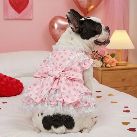 Sweet Princess Pet Dog Dress Lace Ruffle Floral Heart Print Polyester Chiffon Puppy Cat Summer Clothes With Bowknot For Small Medium Dogs