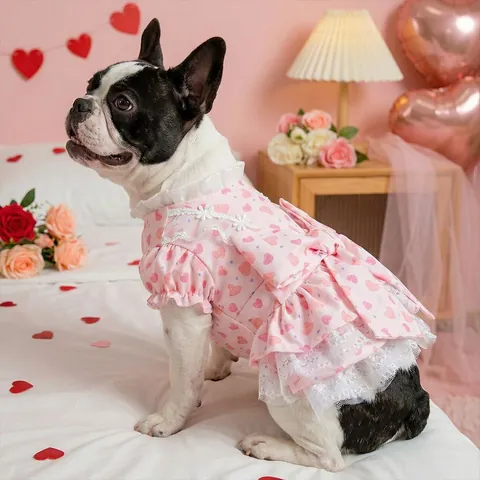 Sweet Princess Pet Dog Dress Lace Ruffle Floral Heart Print Polyester Chiffon Puppy Cat Summer Clothes With Bowknot For Small Medium Dogs