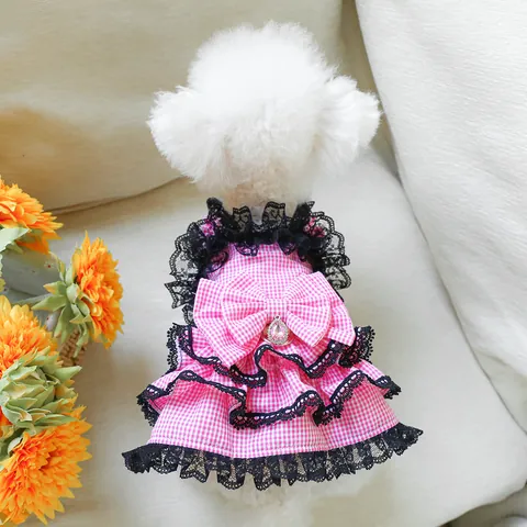 Cute Plaid Pet Dog Princess Dress With Bowknot Lace Sweet Puppy Apparel Clothes For Small Dogs Cats Daily Wear