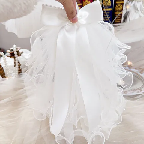 Pet Wedding Veil Tulle Mesh Headdress With Satin Bow Artificial Pearl For Dogs Cats Bridal Photography Props Party Decoration