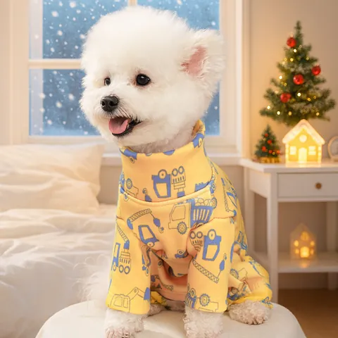 Yellow Cartoon Construction Vehicle Print Pet Jumpsuit Soft Knitted Cotton Dog Pajamas For Small Medium Dogs Puppy Clothes