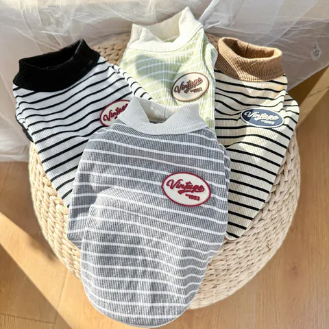 Vintage Gestreifte Haustier Weste Hund T-Shirt Mit Stickerei Aufnäher Stehkragen Gestrickte Haustier Kleidung Für Kleine Hunde Katzen Welpen Weich Atmungsaktiv Ärmellos Bekleidung