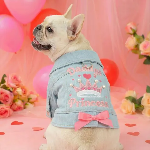 Pet Dog Denim Jacket Clothes Small Dog Cat Washed Jean Vest With D-Ring Heart Daisy Embroidery Princess Puppy Coat Apparel