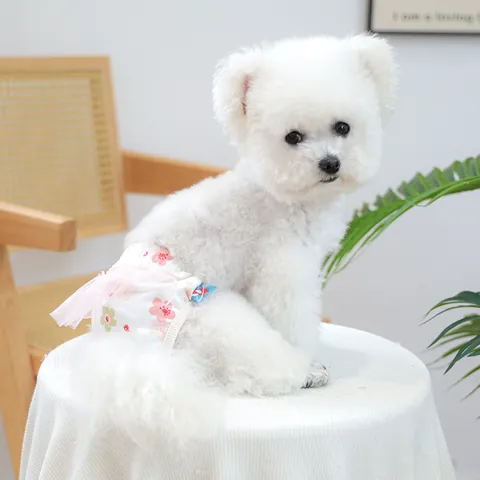 Pet Dog Sanitary Pants With Cherry Blossom Print And Pink Mesh Tutu Skirt Physiological Pants For Small Dogs Puppy Underwear