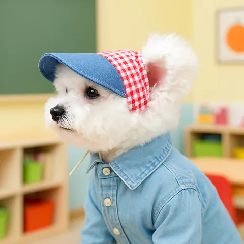 Sombrero de Sol para Perro y Gato Patchwork de Mezclilla a Cuadros Rojos Gorra de Béisbol con Correa Ajustable Verano
