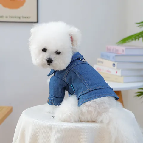 Pet Dog Denim Jacket Classic Jean Coat With Harness D-Ring Small Medium Dogs Puppies Dark Blue Casual Pet Clothes
