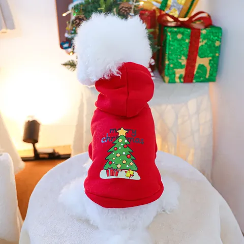 Christmas Pet Hoodie Warm Fleece Dog Clothes With Reindeer Santa Christmas Tree Print For Small Medium Dogs Cats Festive Party Puppy Sweatshirt