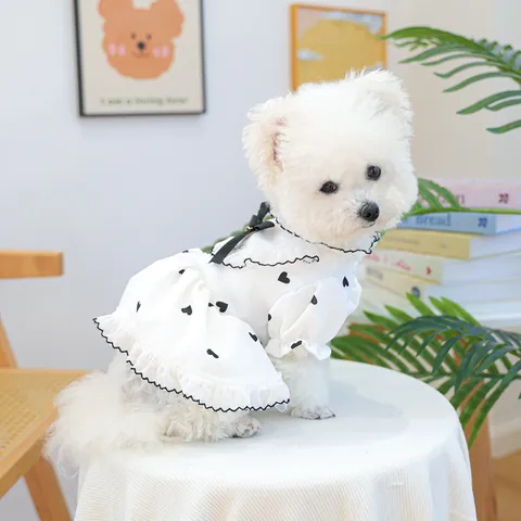Sweet Heart Print Pet Dress With Bow Heart Pendant Princess Ruffle Mesh Skirt For Small Dogs Cats Puppy Clothing