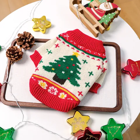 Festive Christmas Tree Pattern Acrylic Pet Sweater For Small Dogs And Puppies Warm Knitted Winter Cat Dog Clothing Green