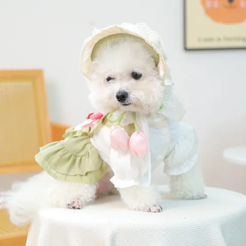 Cute Pet Dress And Hat Set Cherry Bow Decor Lace Ruffle Pastoral Style Small Dog Cat Clothing Spring Summer Puppy Outfit