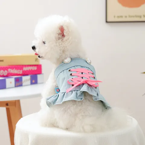 Pet Dog Cat Denim Dress Autumn Winter Warm Sweet Puppy Skirt With Pink Ribbon Lace-up Ruffle Heart Artificial Pearl Buttons Princess Clothes