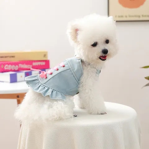 Pet Dog Cat Denim Dress Autumn Winter Warm Sweet Puppy Skirt With Pink Ribbon Lace-up Ruffle Heart Artificial Pearl Buttons Princess Clothes