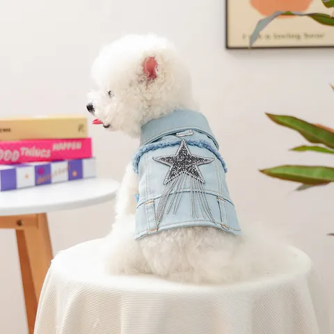Chaleco de Mezclilla de Moda para Mascotas con Decoración de Estrella de Strass y Borlas Chaqueta Cálida Azul Claro para Perros