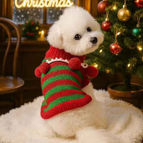 Maglione in Maglia per Animali Domestici Natale Acrilico a Strisce Caldo Vestiti per Cani Gatti Con Pompon Inverno Festivo