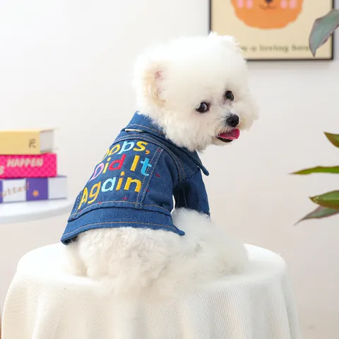 Pet Denim Jacket For Small Dogs Cats Embroidery Letter Oops Winter Warm Blue Jean Vest Dog Clothes With Metal D-Ring