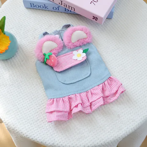 Sweet Pet Dog Dress Denim Pink Gingham Ruffle Skirt With Strawberry Flower Decor Warm Puppy Autumn Winter Small Dogs Cats