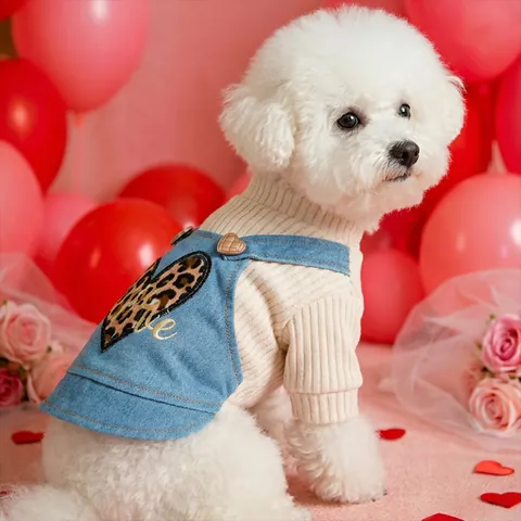 Leopard Herz Haustier Kleid Denim Weste Strickpullover Set Warme Winterkleidung Für Kleine Hunde Katzen Valentinstag Outfit