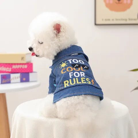 Chaqueta de Mezclilla para Mascotas Ropa Cálida de Otoño Invierno para Perros Pequeños Gatos Bordado Too Cool For Rules Abrigo