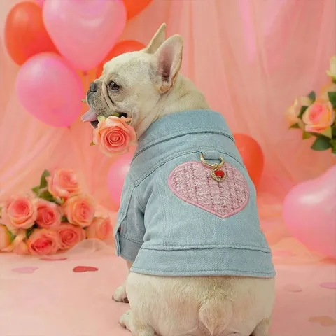 Pet Denim Jacket Heart Patch Rhinestone Pendant Valentine Dog Cat Coat Sleeveless Button Vest Light Blue Polyester Clothing