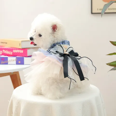 Elegant Pet Princess Dress Tweed Mesh Splicing Dog Clothes With Bow Pearl Rhinestone Puppy Cat Birthday Party Outfit Small Dogs