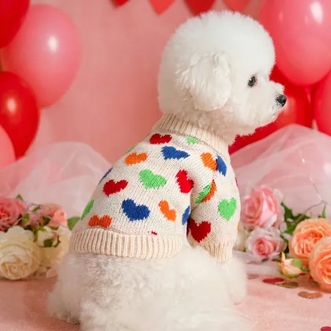 Colorful Heart Pet Knitted Sweater For Small Dogs Cats Warm Autumn Winter Puppy Kitten Apparel Soft Ribbed Knit Clothes