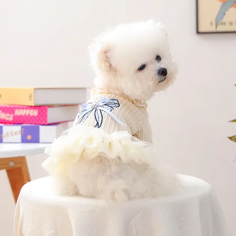 Dolce Vestito in Maglia per Cani con Fiocco a Quadretti Blu Bordo in Pizzo Gonnellino Tutù in Rete Caldo Abbigliamento Principessa per Cuccioli e Gatti