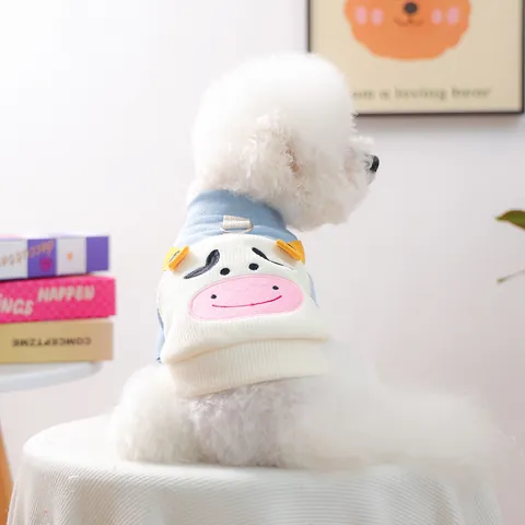 Cute Cartoon Cow Pattern Pet Dog Vest Sweater With Traction D-Ring Warm Soft Knitted Polyester Clothing For Small Dogs Cats