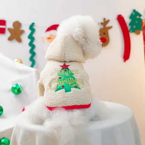 Sudadera con Capucha de Navidad para Perro Vellón Sherpa Cálido Bordado de Árbol de Navidad Ropa para Cachorro Gato Invierno Navidad