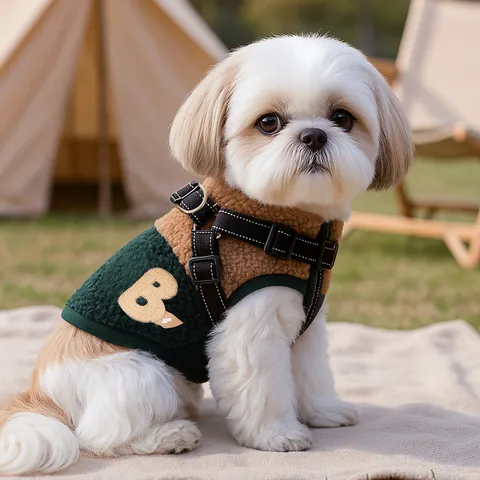 Warme Lamswol Huisdier Vest Met Geïntegreerd Harnas Voor Kleine Honden Puppy's Kleurblok Letter B Geborduurd Winter Hondenjas Mantel Fleece Huisdier Harnas Kleding