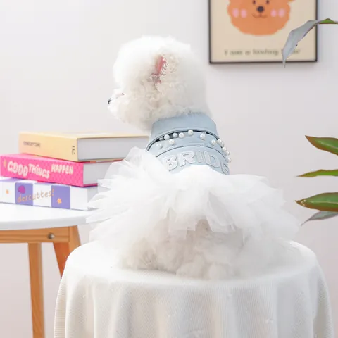 Vestito in Denim per Cani Sposa con Paillettes Gonna Tutu a Rete Decorazione Künstliche Perle Outfit Principessa per Cani Piccoli Gatti