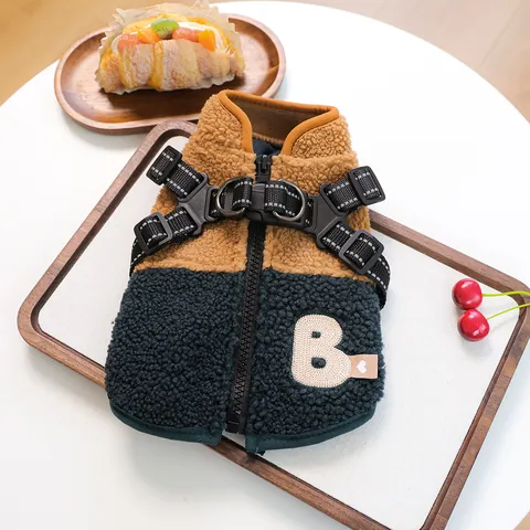 Warm Lamb Wool Pet Vest With Integrated Harness For Small Dogs Puppies Color Block Letter B Embroidered Winter Dog Jacket Coat Padded Fleece Pet Harness Apparel