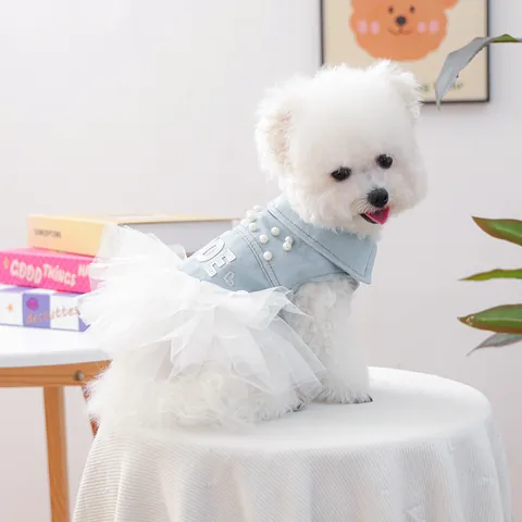 Vestito in Denim per Cani Sposa con Paillettes Gonna Tutu a Rete Decorazione Künstliche Perle Outfit Principessa per Cani Piccoli Gatti