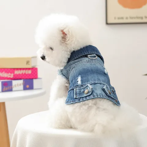 Modische Haustier Denim Weste Zerrissen Welpen Hund Katze Jacke Mit Metall Leinenring Strapazierfähig Denim Hundekleidung