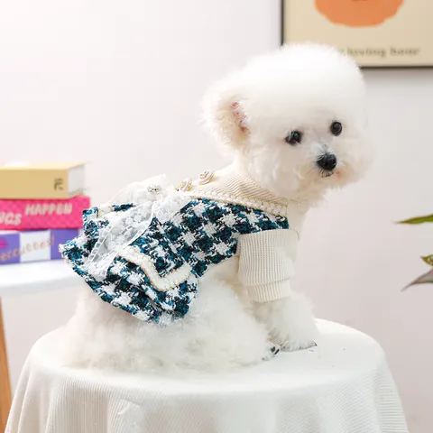 Nobler Stil Haustier Hundekleid Hahnentritt Tweed Spitze Schleife Gestrickt Warm Herbst Winter Bekleidung Für Kleine Hunde Katzen Welpen