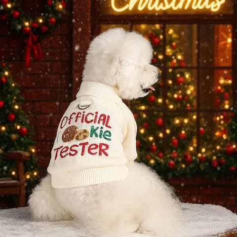 Pull de Noël pour Chien Tricot Chaud Sweat à Capuche Côtelé Avec Broderie Official Cookie Tester Anneau en D pour Laisse Vêtements d'Hiver pour Chiot et Chat