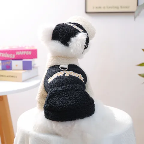Pet Lamb Wool Sweatshirt Hat Embroidery Sherpa Fleece Vest Warm Winter Puppy Dog Cat Clothes With Leash D-Ring