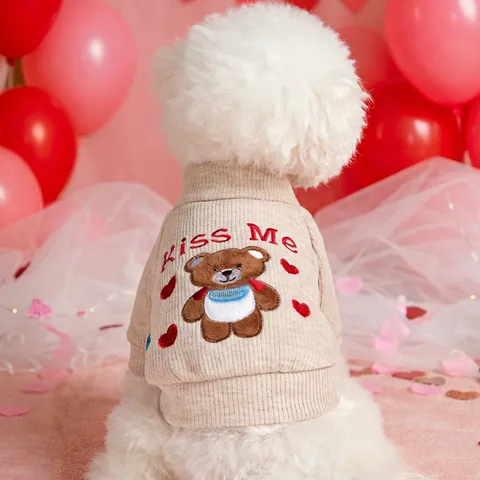 Schattige Beer Borduurwerk Huisdier Hond Trui Warme Ribgebreide Kat Shirt Voor Kleine Honden Puppy Kleding Winter Valentijnsdag Cadeau