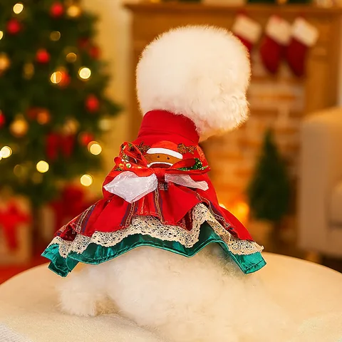 Robe de Noël pour Animaux de Compagnie Petit Chien Chat Chiot Vêtements Chauds Polaire Renne Père Noël Bonhomme Pain Épices