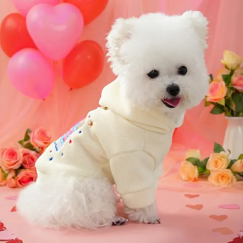 Warmer Haustier Hunde Hoodie Für Kleine Hunde Welpen Katzen Sweatshirt Bestickt Buchstaben Herz Muster Off-White Polyester Winter