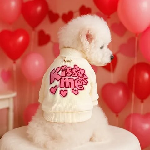 Haustier Hund Katze Warm Rippstrick Pullover Kiss Me Herz Stickerei Winterkleidung Mit Leinen D-Ring Creme Pullover