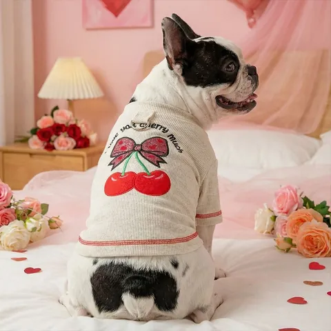 Vêtements Mignons pour Chiens et Chats avec Broderie Cerise Chemise en Tricot à Côtes Avec Anneau de Traction pour Chiot