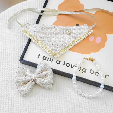Pet Dog Cat Tweed Triangle Scarf Bow Hair Clip Pearl Ball Necklace Cute Princess Pet Accessories Grooming Set