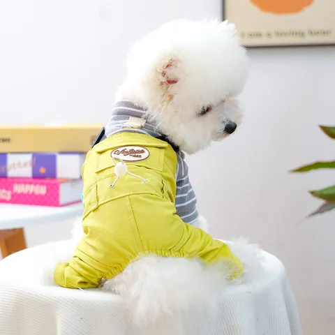 Cute Pet Dog Overalls Jumpsuit With Striped Shirt Autumn Winter Warm Puppy Cat Clothes Traction D-Ring Adjustable Straps Casual Pet Apparel